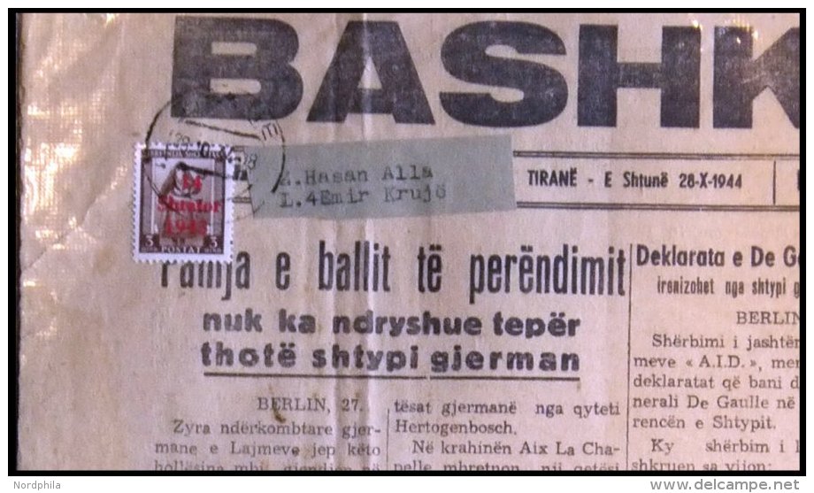 ALBANIEN 3 BrfStk, 1943, 3 Q Schwärzlichgelbbraun Auf Journal BASHKIM I KOMBIT Vom 28.X.1944 (Albanian Organ Propag - Ocu. Alemana: Albania