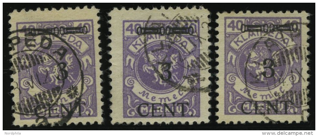 MEMELGEBIET 178I-III O, 1923, 3 C. Auf 40 M. Lebhaftgrauviolett, Type I-III, 3 Prachtwerte, Gepr. Huylmans - Klaipeda 1923