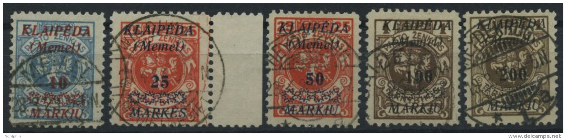 MEMELGEBIET 135,137-40 O, 1923, 10 M. Auf 5 C. Und 25 M. Auf 25 C. - 200 M. Auf 1 L., 5 Prachtwerte, Gepr. Huylmans, Mi. - Memel (Klaipeda) 1923