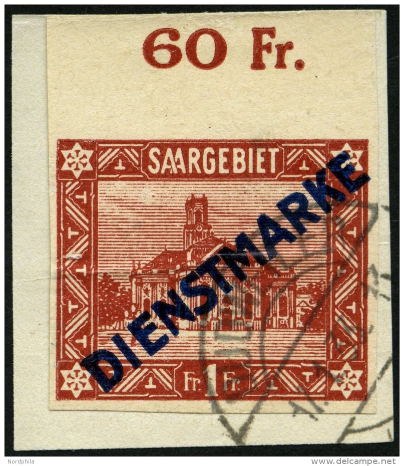 SAARGEBIET D 11IU BrfStk, 1922, 1 Fr. Diagonaler Aufdruck, Type I, Oberrandstück, Ungezähnt, Mit Rückdati - Otros & Sin Clasificación