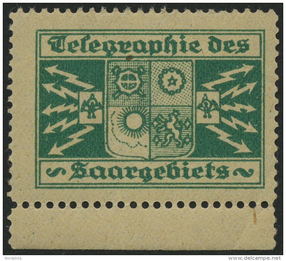 SAARGEBIET **, Grüne Vignette Telegraphie Des Saargebiets, Pracht - Other & Unclassified