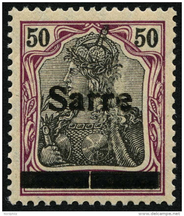 SAARGEBIET 13yIA **, 1920, 50 Pf. Dunkelbräunlichlila/schwarz Auf Orangeweiß, In Der Mitte Senkrecht Geteilte - Other & Unclassified