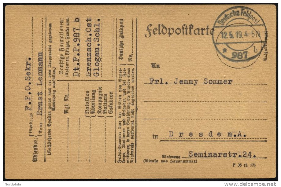 FELDPOST I.WK 1919, Feldpoststations-Stempel 987 Auf Feldpostkarte Des Grenzschutzes Ost Aus Glogau/Schlesien, Pracht - Usados