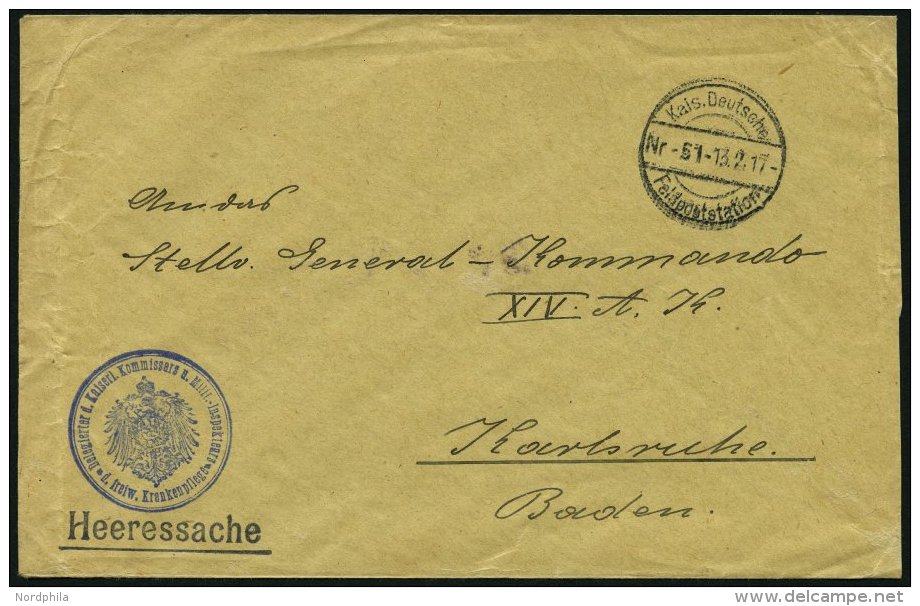 FELDPOST I.WK 1917, Heeressache Der Feldpoststation Nr. 51 Nach Karlsruhe, Mit Blauem Siegelstempel Delegierter D. Kasie - Gebruikt