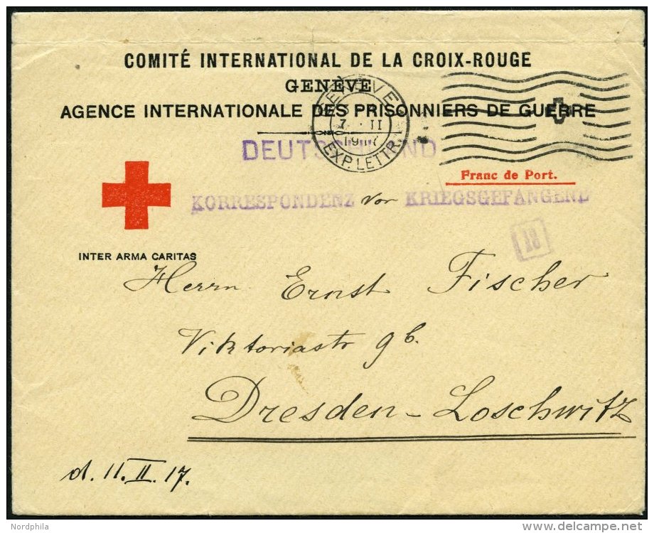 FELDPOST I.WK 1917, Vordruckbrief Vom Internationalen Roten Kreuz Von GENF Nach Dresden-Loschwitz, Violetter L1 KORRESPO - Used Stamps