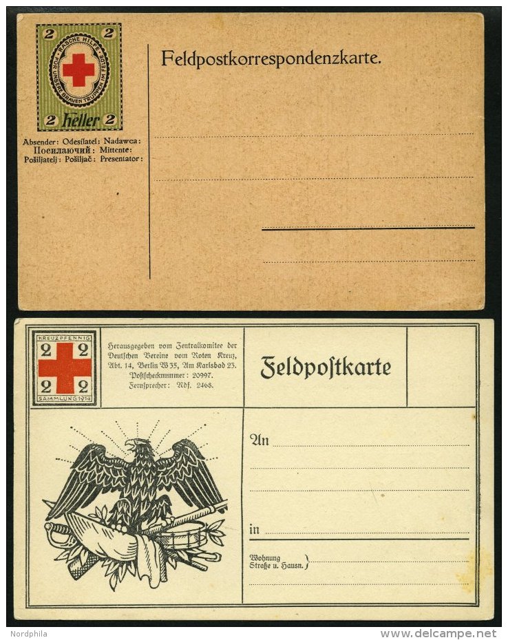 FELDPOST I.WK 1914, 2 Verschiedene Ungebrauchte Feldpostkarten Mit 2 Heller-Vignette (Eindruck) Und 2 Kreuzpfennig-Vigne - Used Stamps
