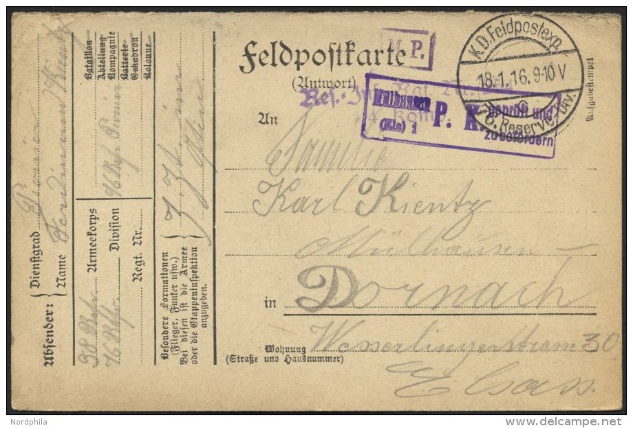 LETTLAND 1299 BRIEF, K.D. FELDPOSTEXP. 76. RESERVE DIV. C, 18.1.16, Auf Feldpost-Vordruckkarte Nach Dornach/Elsaß, - Latvia