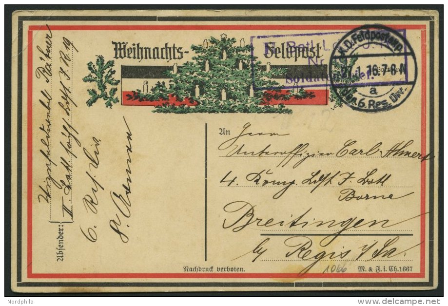 DT. FP IM BALTIKUM 1914/18 K.D. FELDPOSTEXP. DER 6. RES. DIV., 27.1.16, Auf Weihnachts-Feldpostkarte Nach Breitungen, Mi - Latvia