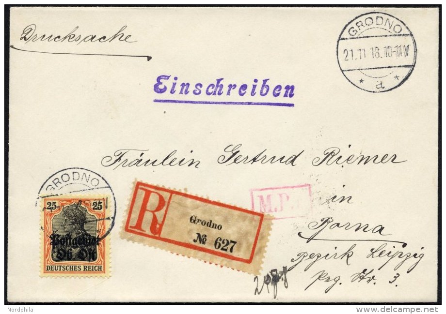 POSTGEBIET OB.OST 9 BRIEF, 1918, 25 Pf. Rötlichorange, Einzelfrankatur Auf Drucksachen-Einschreibbrief Von GRODNO N - Other & Unclassified