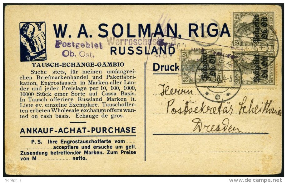 POSTGEBIET OB.OST 1a BRIEF, 1918, 21/2 Pf. Grauoliv, 3x Auf Drucksachenkarte Von RIGA Nach Dresden, Violetter Nebenstemp - Other & Unclassified