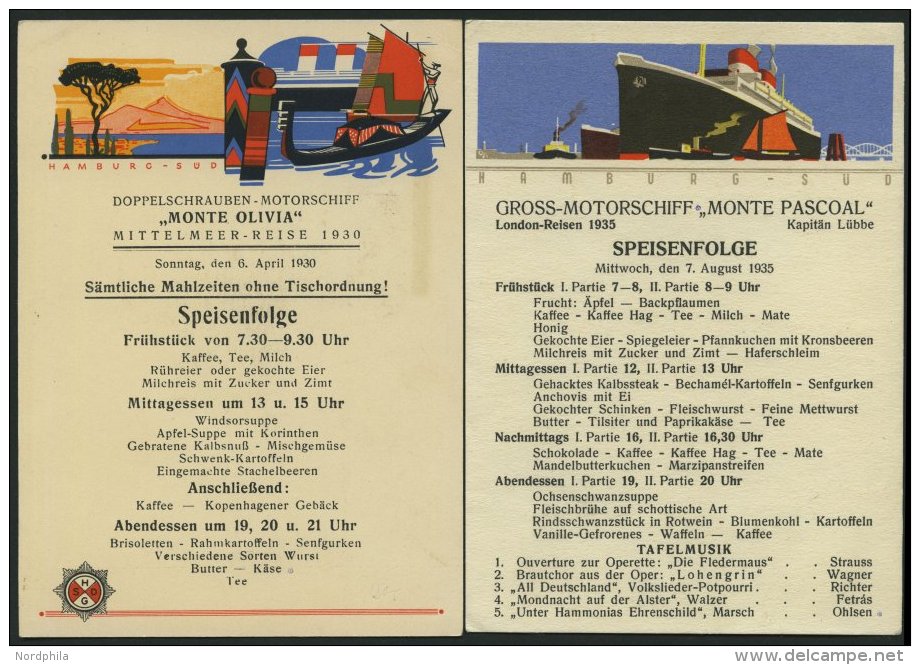 DEUTSCHE SCHIFFSPOST 1930/35, Monte Pascoal Und Monte Olivia, 2 Verschiedene Ansichtskarten, Mit Speisenfolge, Ungebrauc - Maritime