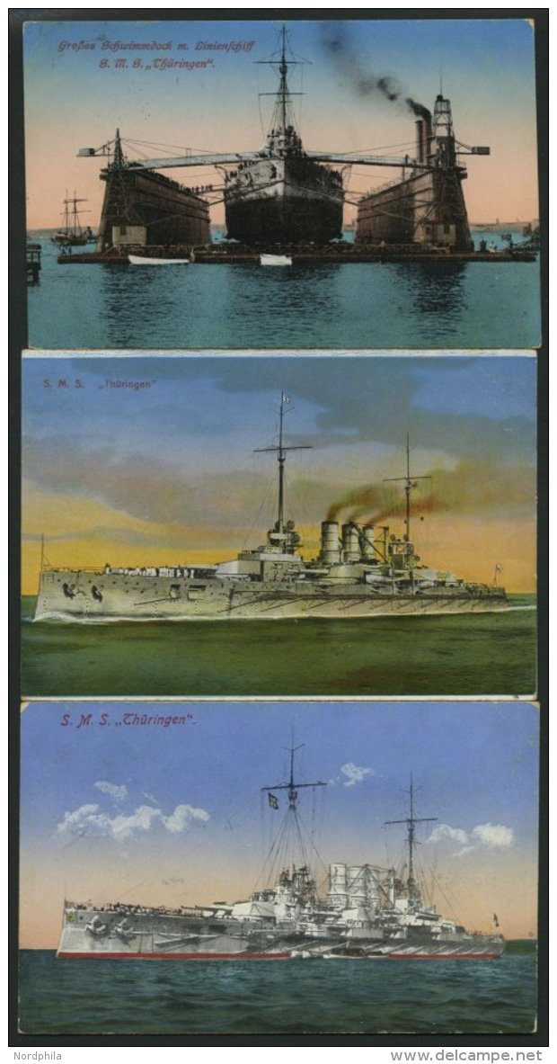 MSP VON 1914 - 1918 S.M.S. Thüringen, 3 Verschiedene Farbige Ansichtskarten, Alle Gebraucht, Pracht - Maritiem