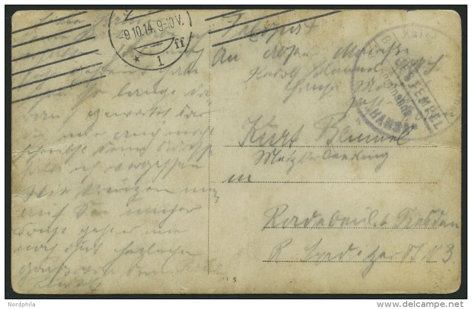 MSP VON 1914 - 1918 (Großer Kreuzer HANSA), 9.10.1914, Violetter Briefstempel, Feldpost-Ansichtskarte Von Bord Der - Maritime