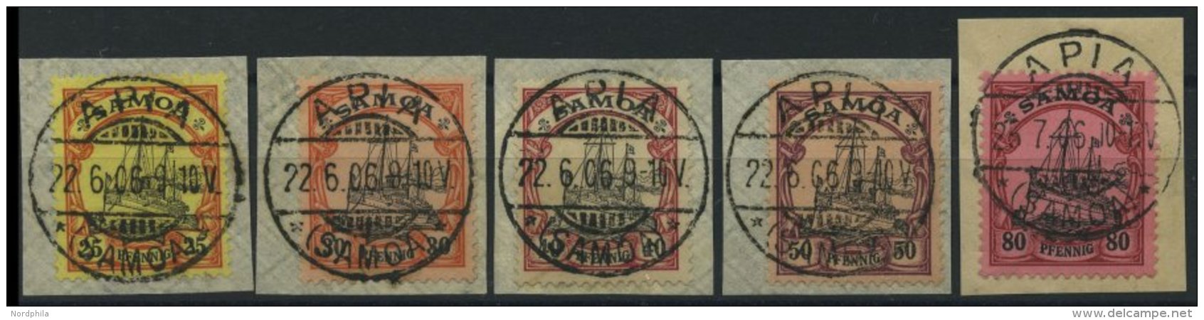 SAMOA 11-15 BrfStk, 1900, 25 - 80 Pf. Kaiseryacht, 5 Zentrische Gestempelte Prachtbriefstücke, Mi. (90.-) - Samoa