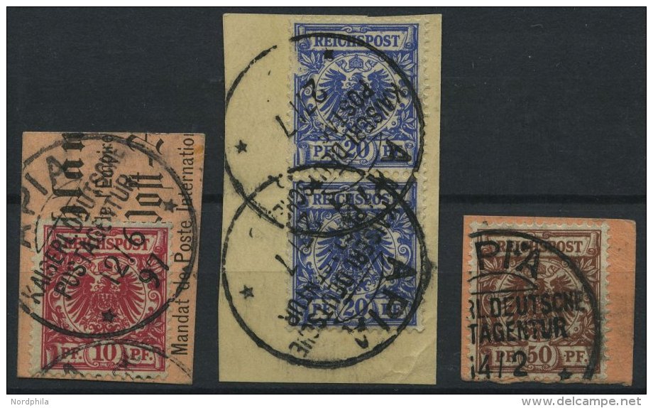 SAMOA V 47/8,50d BrfStk, 1890, 10, 20 Und 50 Pf. Krone/Adler, Stempel APIA KDPAG, 3 Briefstücke, Meist Pracht - Samoa