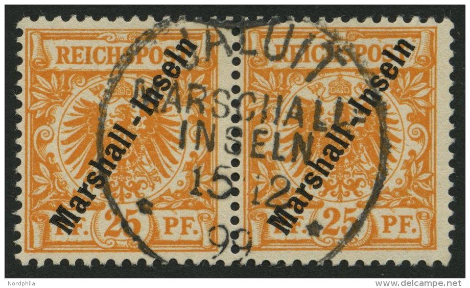 MARSHALL-INSELN 11a Paar O, 1899, 25 Pf. Gelblichorange Im Waagerechten Paar Mit Erstem Stempel, Pracht, Fotobefund J&au - Marshall Islands