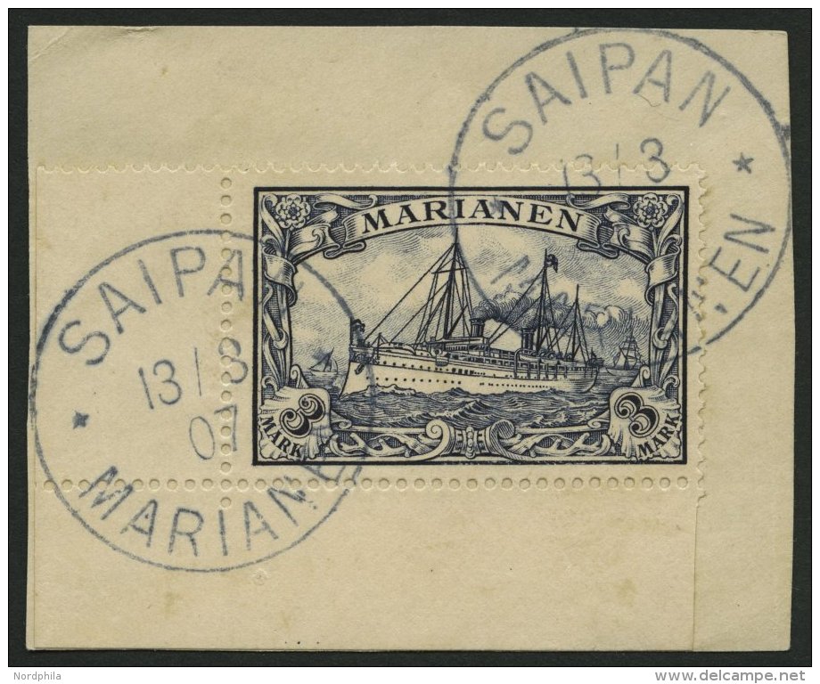 MARIANEN 18 BrfStk, 1901, 3 M. Violettschwarz, Untere Linke Bogenecke, Prachtbriefstück - Mariana Islands