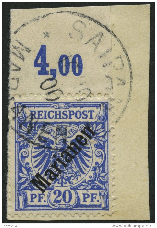MARIANEN 4I BrfStk, 1899, 20 Pf. Diagonaler Aufdruck, Oberrandstück, Stempel Sorte II, Prachtbriefstück, Gepr. - Mariana Islands