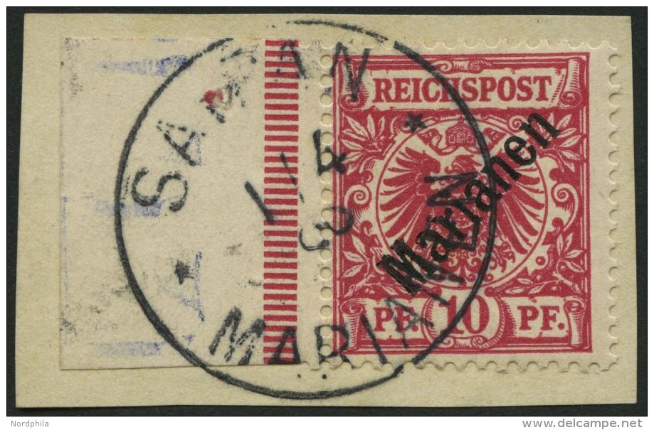 MARIANEN 3I BrfStk, 1899, 10 Pf. Diagonaler Aufdruck, Linkes Randstück, Stempel Sorte II, Prachtbriefstück, Ge - Mariana Islands