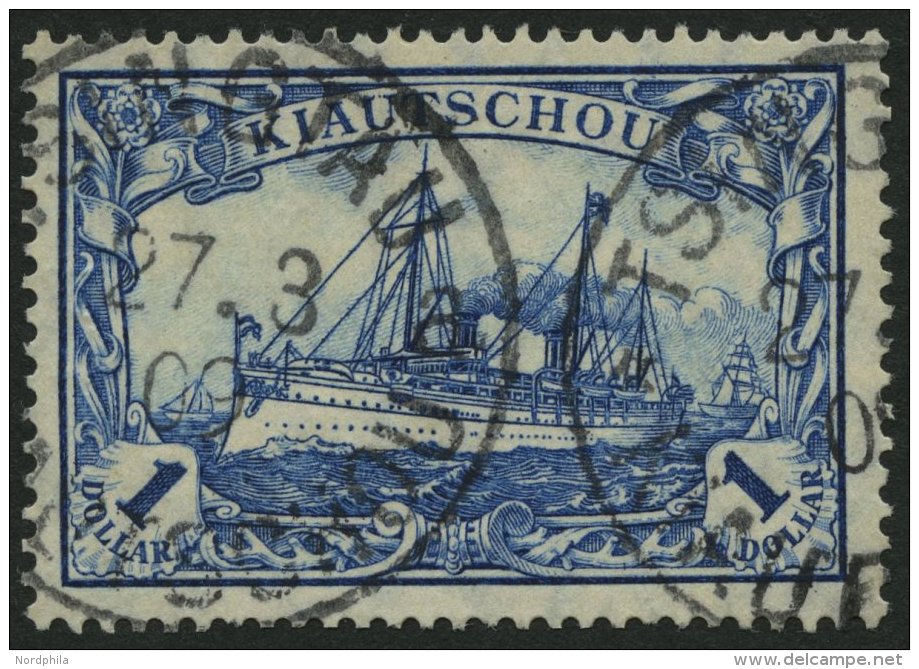 KIAUTSCHOU 35IA PFI O, 1906, 1 $ Schwärzlichblau, Mit Wz., Friedensdruck, Mit Plattenfehler Wertziffer 1 Kreuzweise - Kiauchau