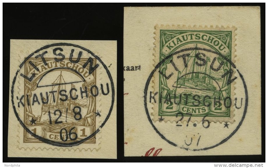 KIAUTSCHOU 18/9 BrfStk, 1914, 1 C. Und 2 C. Kaiseryacht, Ohne Wz., Stempel LITSUN, 2 Prachtbriefstücke - Kiauchau