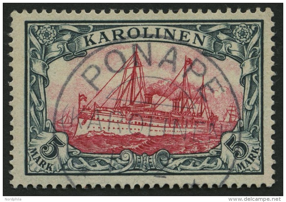 KAROLINEN 19 O, 1900, 5 M. Grünschwarz/dunkelkarmin, Ohne Wz., Stempel PONAPE, Pracht, Signiert, Mi. 600.- - Caroline Islands