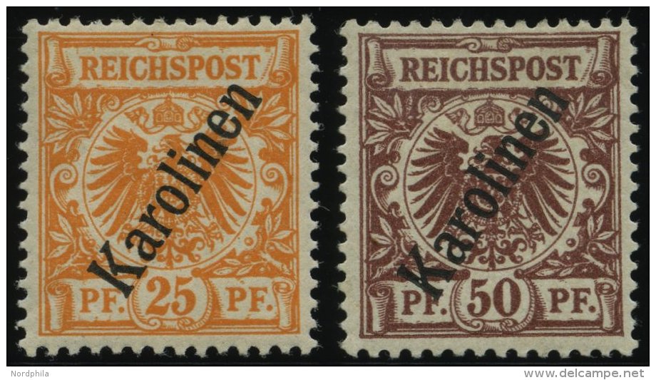 KAROLINEN 5a,6II *, 1900, 25 Und 50 Pf. Steiler Aufdruck, Falzreste, 2 Prachtwerte, Mi. 120.- - Caroline Islands