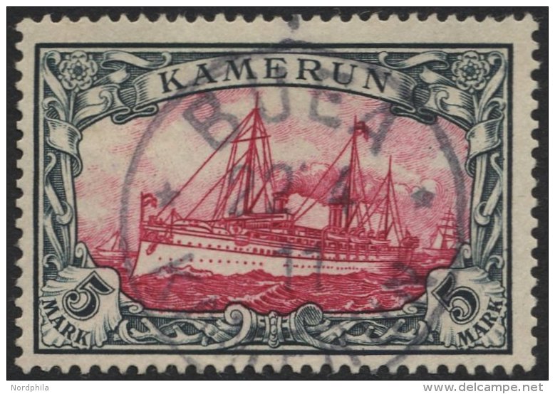 KAMERUN 19 O, 1900, 5 M. Grünschwarz/bräunlichkarmin, Ohne Wz., Stempel BUEA, Pracht, Mi. 600.- - Cameroun