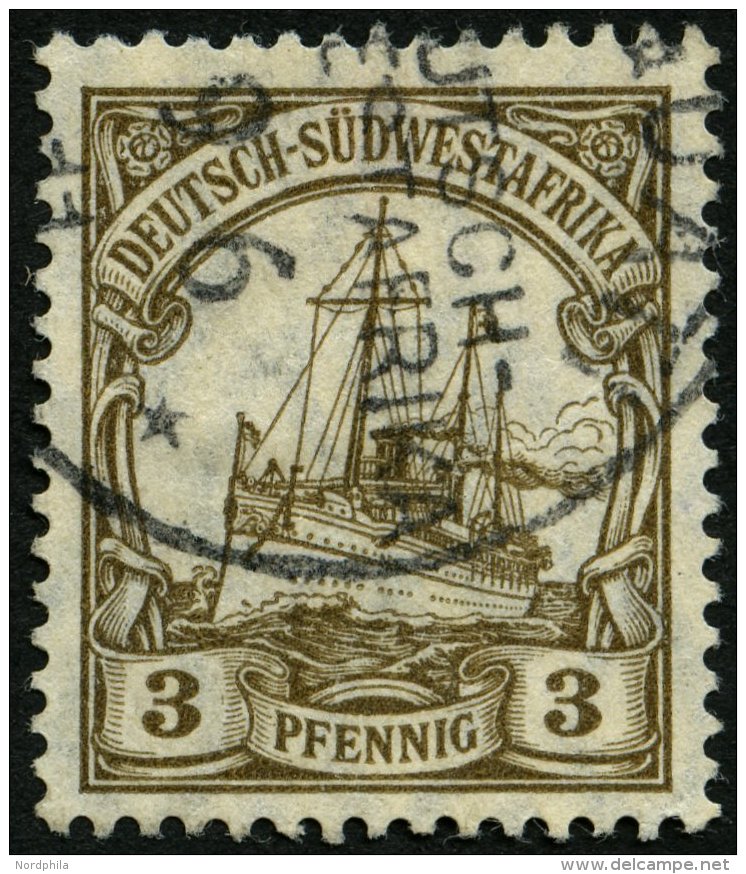 DSWA 24 O, ONGUATI Auf 3 Pf. Dunkelockerbraun, Mit Wz., Teilabschlag, Feinst - German South West Africa