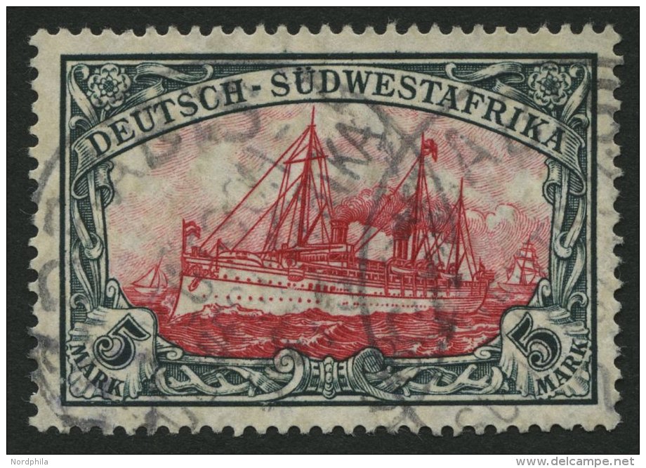 DSWA 32Aa O, 1906, 5 M. Grünschwarz/dunkelkarmin, Mit Wz., Gelblichrot Quarzend, Stempel GOBABIS, Pracht, Fotobefun - German South West Africa