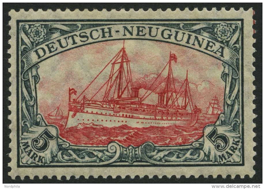 DEUTSCH-NEUGUINEA 23IAI *, 1914, 5 M. Grünschwarz/dunkelkarmin, Mit Wz., Friedensdruck, Falzrest, Pracht, Mi. 60.- - Nouvelle-Guinée