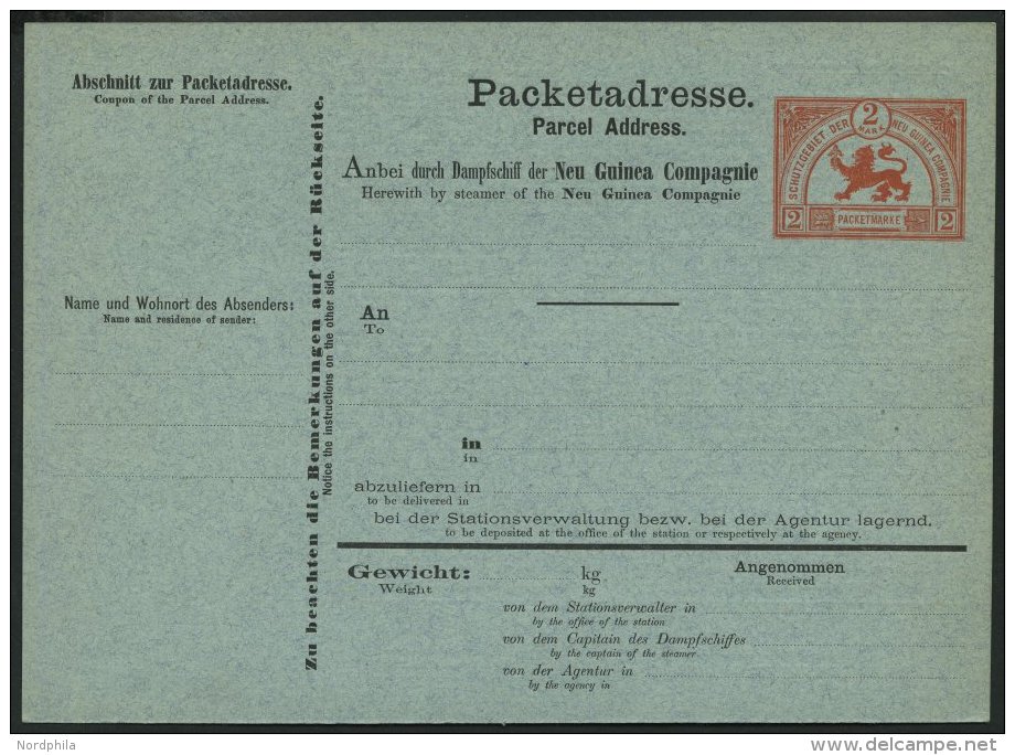 DEUTSCH-NEUGUINEA V 1 BRIEF, 1888, 2 M. Rot Paketkarte Der Neu Guinea Compagnie, Ungebraucht, Pracht - German New Guinea