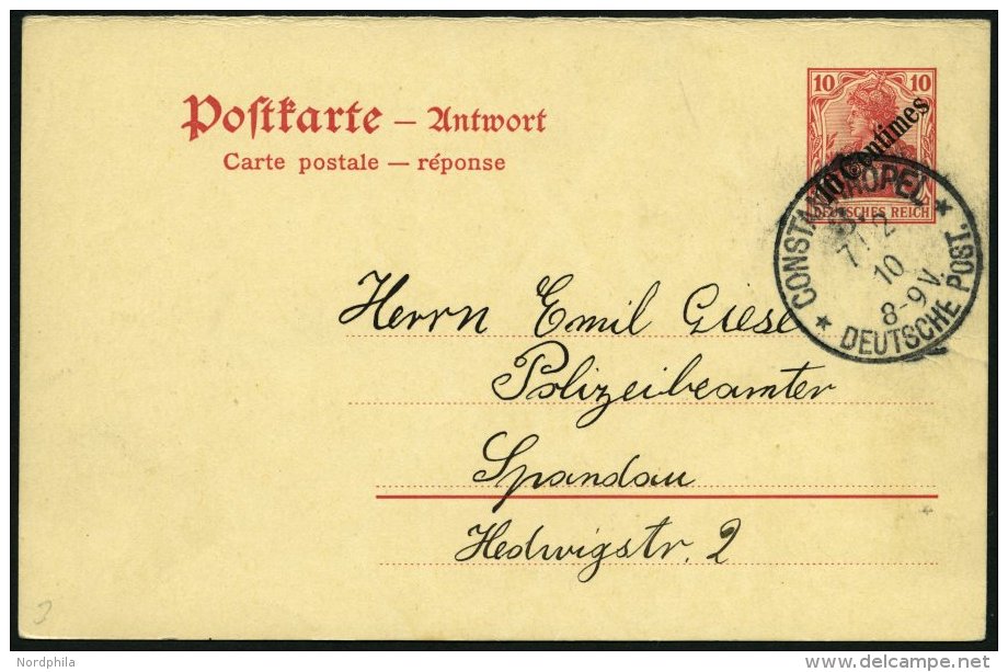 DP TÜRKEI P 18A BRIEF, 1910, 10 C. Auf 10 Pf. Antwortteil, Stempel CONSTANTINOPEL 3, Nach Spandau, Rückseitig - Turkey (offices)