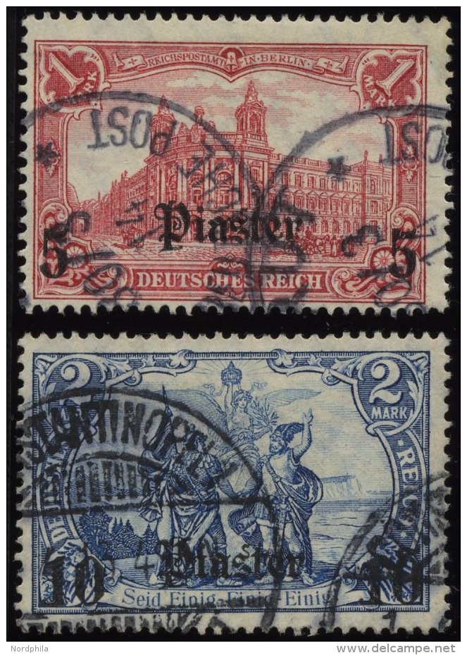 DP TÜRKEI 44/5 O, 1906/7, 5 Pia. Auf 1 M. Und 10 Pia. Auf 2 M., Mit Wz., 2 Werte üblich Gezähnt Pracht, M - Turquie (bureaux)