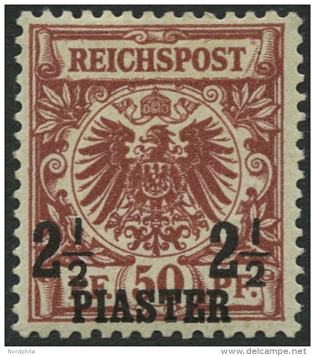 DP TÜRKEI 10a *, 1889, 21/2 PIA. Auf 50 Pf. Bräunlichrot, Falzrest, Pracht, Fotobefund Steuer, Mi. 440.- - Turquie (bureaux)