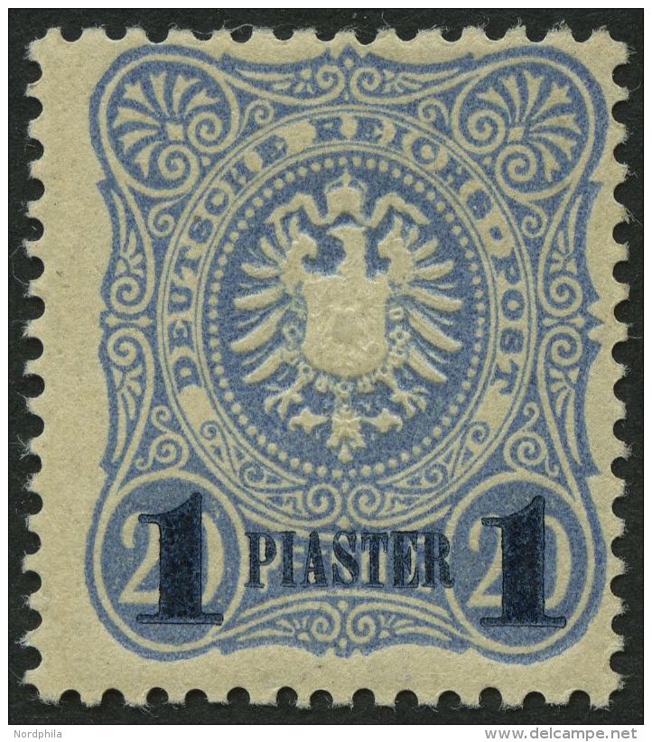 DP TÜRKEI 3NeII *, 1884, 1 PIA. Auf 20 Pf., Aufdruck Schwarzblau, Amtlicher Neudruck Für Kosack, Falzrest, Pra - Turquie (bureaux)