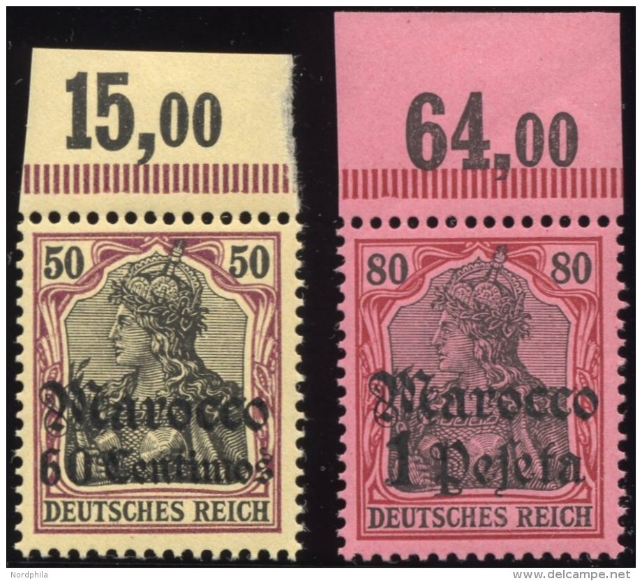 DP IN MAROKKO 28/9 **, 1905, 60 C. Auf 50 Pf. Und 1 P. Auf 80 Pf., Ohne Wz., Je Vom Oberrand, Postfrisch, Pracht, Mi. 14 - Morocco (offices)