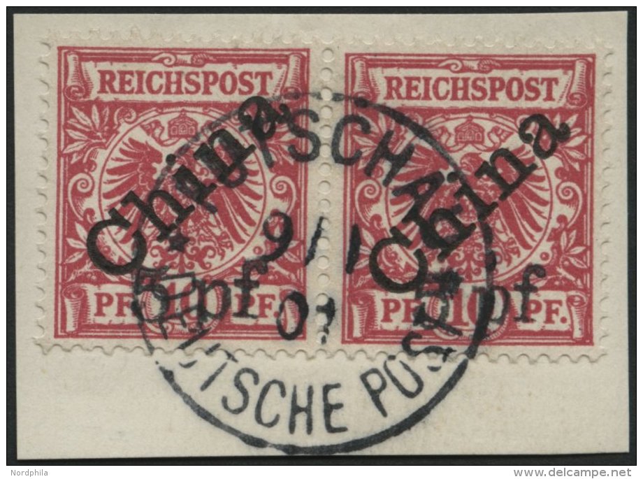 DP CHINA 7IB Paar BrfStk, 1900, 5 Pf. Auf 10 Pf. Diagonaler Aufdruck Im Waagerechten Paar Auf Briefstück, Zentrisch - China (kantoren)