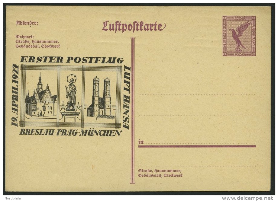 LUFTPOST-GANZSACHEN LPP 103 BRIEF, 19.4.1927, 15 Pf. Adler, 1. Postflug Breslau-Prag-München, Ungebraucht, Prachtka - Airplanes