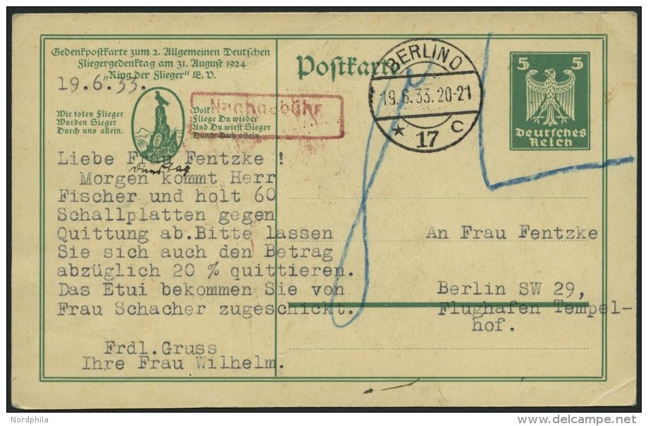 LUFTPOST-GANZSACHEN LPP 92 BRIEF, 1924, 5 Pf. Reichsadler, Ring Der Flieger, Nach Ungültigkeit Als Ortskarte In Ber - Airplanes