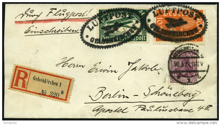 LUFTPOSTAUFGABESTEMPEL 16-03a BRIEF, 30.3.1921, Gelsenkirchen Luftpost (Taube Mit Brief) In Schwarz Auf Einschreibbrief - Vliegtuigen