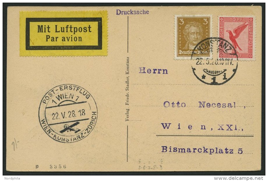 ERST-UND ERÖFFNUNGSFLÜGE 28.32.08 BRIEF, 22.5.1928, Konstanz-Wien, Prachtkarte - Zeppelins