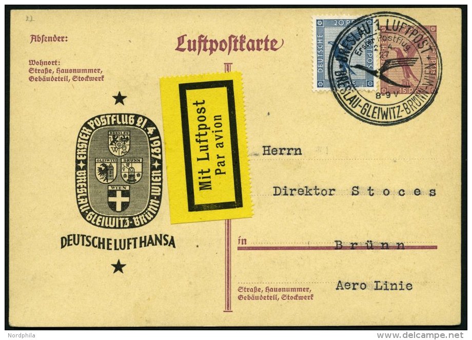 ERST-UND ERÖFFNUNGSFLÜGE 27.17.02 BRIEF, 21.4.1927, Breslau-Brünn Auf LPP 104, Pracht - Zeppelins