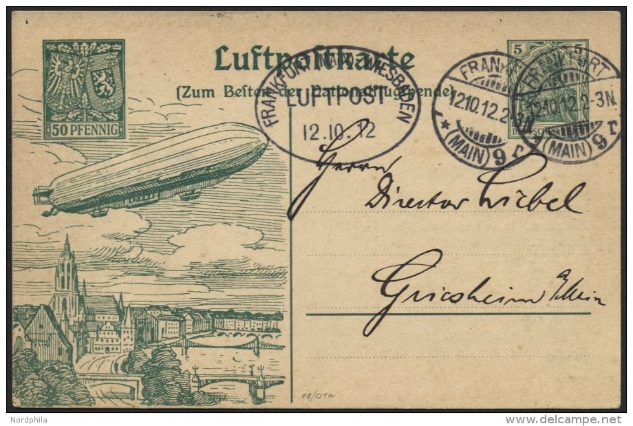 PIONIERFLUGPOST 1909-1914 18/01a BRIEF, 12.10.1912, Frankfurt-Wiesbaden Vom Ersttag, Luftpostkarte Mit 50 Pf. Spenden-Zu - Airplanes