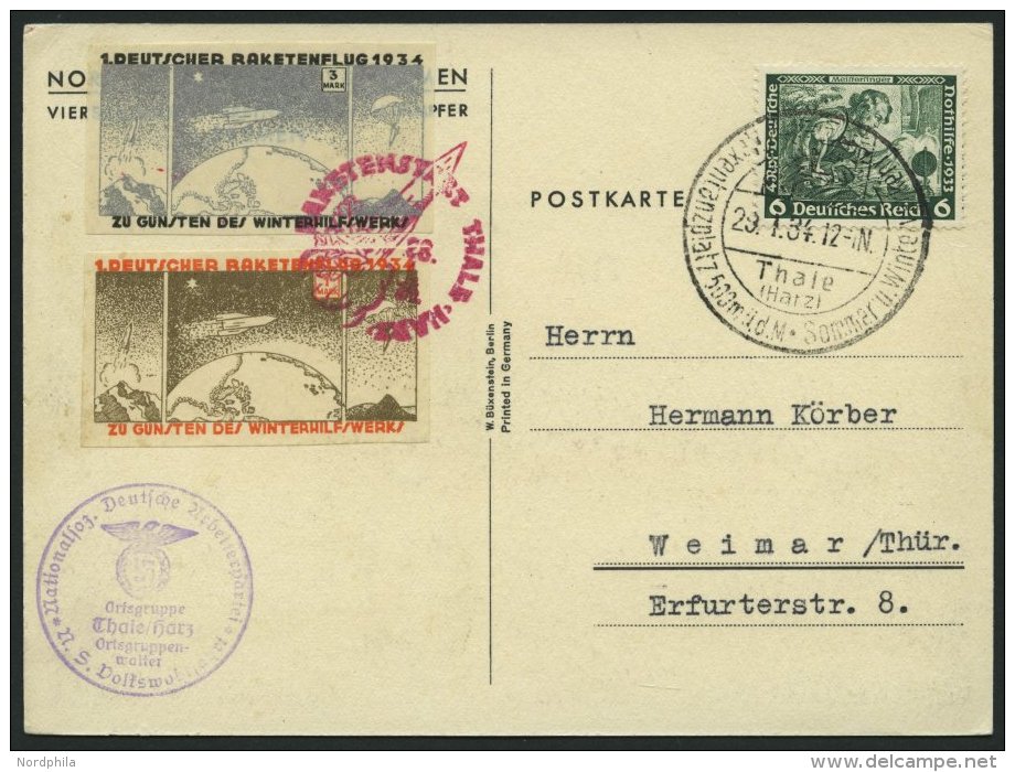 RAKETENPOST 6C2a BRIEF, 18.1.1934, Thale-Raketenstart, Vorderseitig Frankiert Mit 2 Ungezähnten Raketenmarken Und 6 - Other & Unclassified