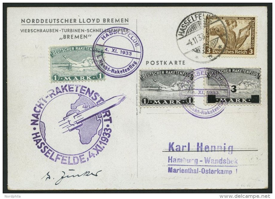 RAKETENPOST 3C1a BRIEF, 4.11.1933, Raketen-Nachtflug Aus Hasselfelde, Frankiert Vorderseitig Mit 3 Raketenmarken (u.a. 3 - Airmail & Zeppelin