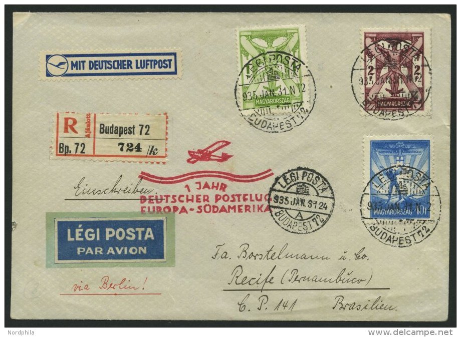 KATAPULTPOST Brief , Ungarn: 31.1.1935, 1 Jahr Deutscher Postflug, Roter Sonderstempel, Einschreibbrief Nach Recife, Pra - Airmail & Zeppelin