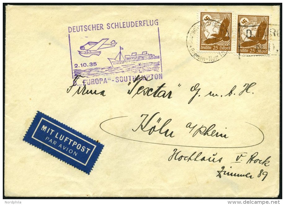 KATAPULTPOST 216c BRIEF, 2.10.1935, Europa - Southampton, Deutsche Seepostaufgabe, Brief Feinst - Covers & Documents