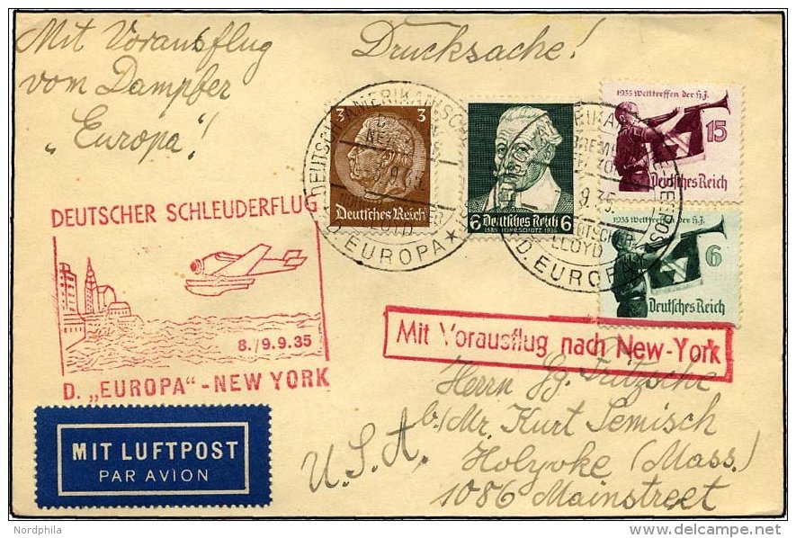 KATAPULTPOST 211b BRIEF, 8.9.1935, Europa - New York, Seepostaufgabe, Drucksache, Pracht - Covers & Documents