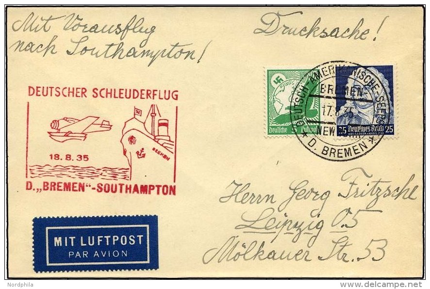 KATAPULTPOST 206c BRIEF, 18.8.1935, Bremen - Southampton, Deutsche Seepostaufgabe, Drucksache, Pracht - Covers & Documents